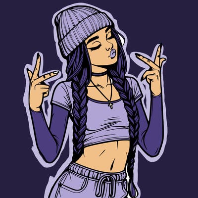 realistic teenage girl with braids and a beanie and crop top doing 🫶🏼