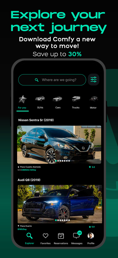 Comfy - Interfaz de la app Comfy mostrando varias opciones de alquiler de coches como un Nissan Sentra y un Audi Q8 con una barra de búsqueda y filtros de categoría