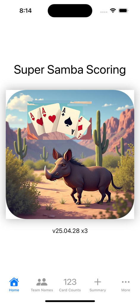 Super Samba Scoring - Pantalla de inicio de la aplicación Super Samba Scoring con menú de navegación y gráfico de juego de cartas