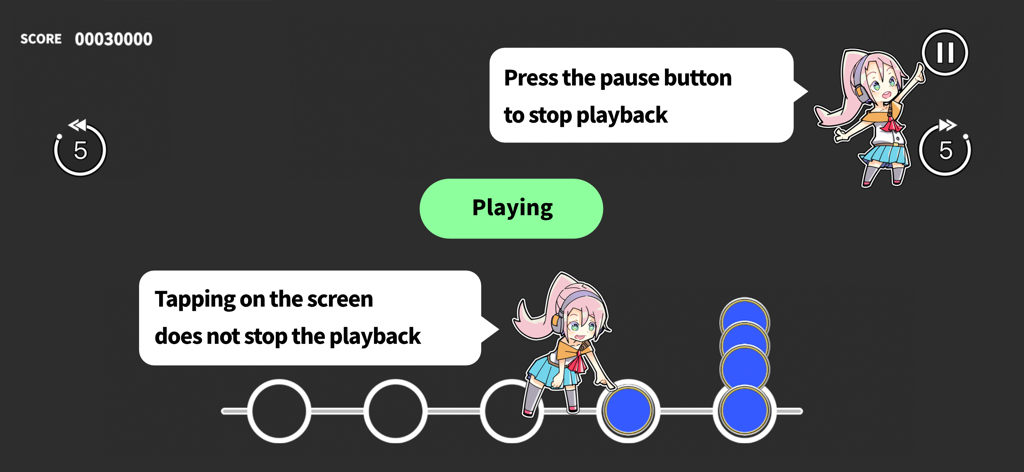 Interfaz de la aplicación Sound Game Training que muestra los controles de reproducción de vídeo y las instrucciones de práctica de toque directo