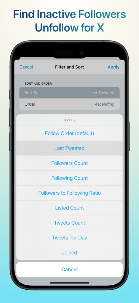 Pantalla de iPhone que muestra opciones de filtro y clasificación para seguidores de X, incluyendo la última vez que tuitearon y el recuento de seguidores