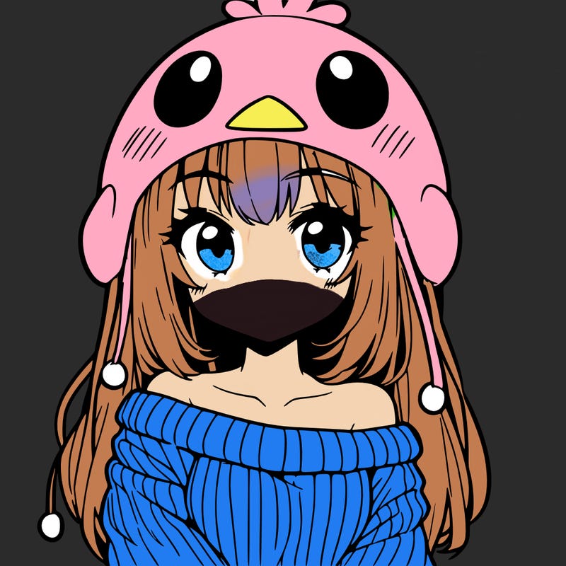 anime girl with chick shaped hat with sweater with bare shoulders with bangs covering them one eye with low tail