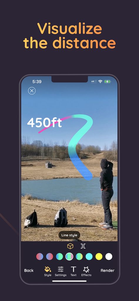 Ace Trace mobile app showing a colorful shot trace line with a 450 feet distance label over a landscape