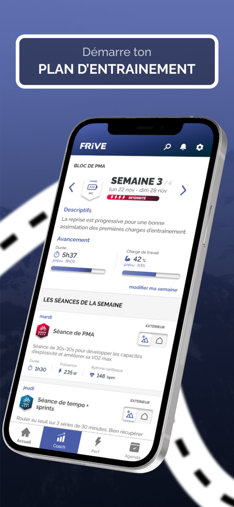Frive mobile app interface showing a personalized weekly cycling training plan with performance metrics and workout schedules.