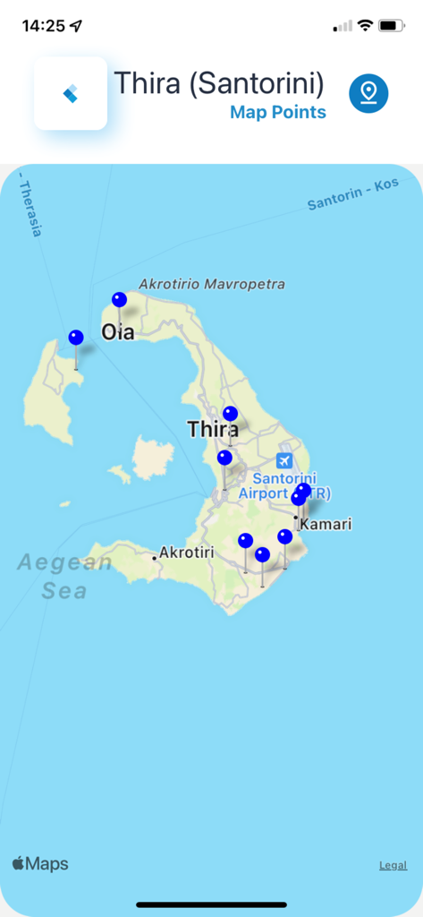 SafeWaterSports - Map of Santorini in the SafeWaterSports app showing locations for beaches and licensed water sports centers.