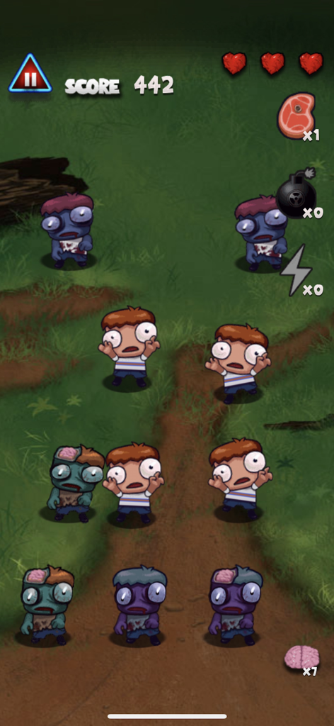 Zombie Smasher Puzzle - Gameplay screenshot of Zombie Smasher Puzzle showing cartoon zombies and neighborhood kids on a path.