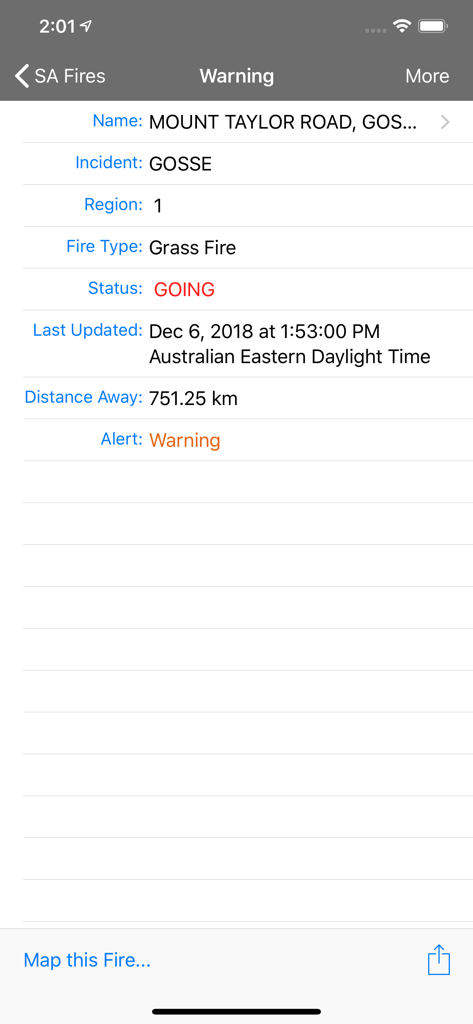 SA Fires - A screenshot of the SA Fires app displaying detailed warning information for a grass fire incident at Mount Taylor Road.