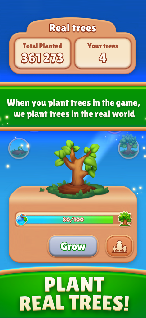 My Lovely Planet Puzzle Match3 - A game interface showing a tree growth progress bar and the total number of real trees planted by the community