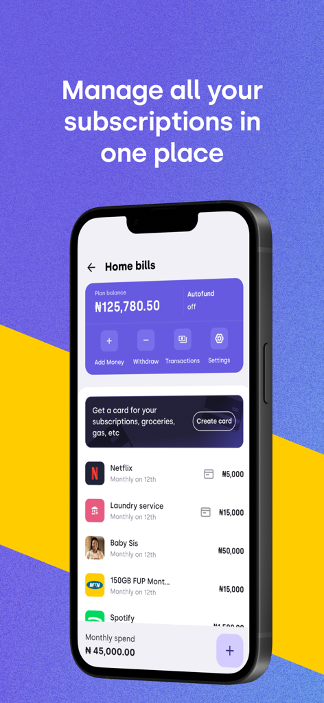 Lint - Smartphone screen displaying the Lint app subscription management feature with a list of monthly expenses like Netflix and Spotify