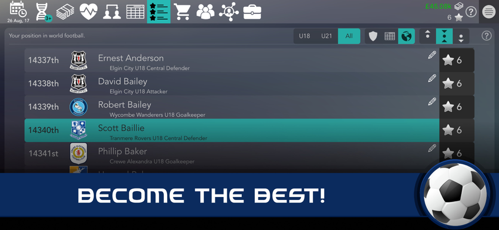 A screenshot of the Football Superstar game showing the player leaderboard and world ranking position.