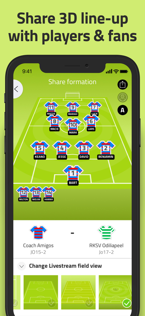 Mobile screen showing a 3D soccer team formation and lineup ready to be shared with players and fans