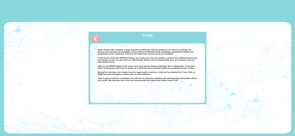 Brain Jogging XXL - Help screen for Brain Jogging XXL app providing instructions on memory training and user profiles.