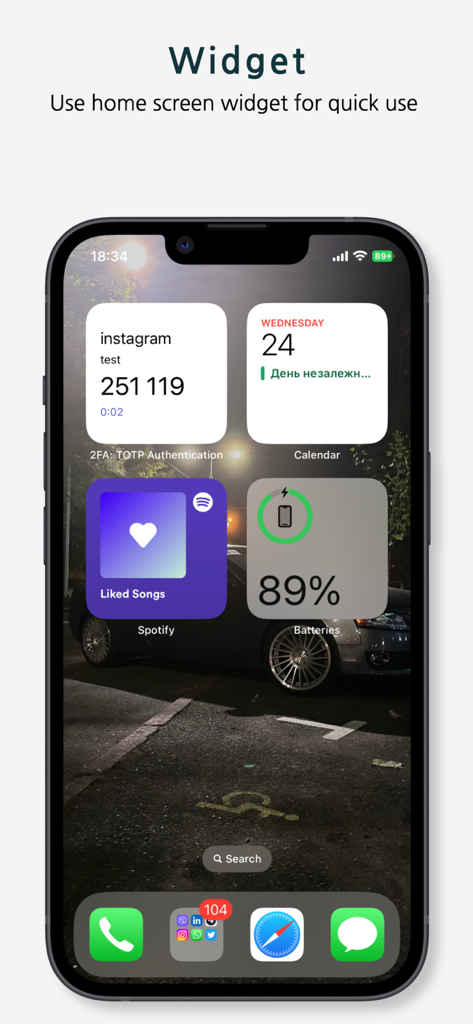 2FA: TOTP authenticator - Widget de pantalla de inicio de la aplicación 2FA authenticator en un iPhone