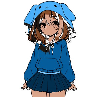 pretty anime girl wearing a fluffy hoodie with bunny ears on the hood and a skirt