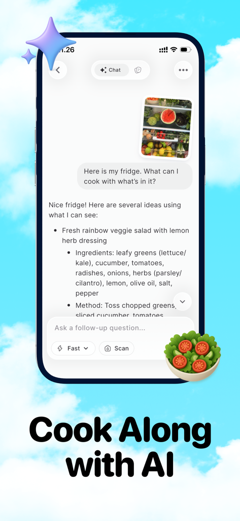 Culin: AI Recipes & Cooking - Culin app chat interface showing AI generating a salad recipe from a photo of an open fridge