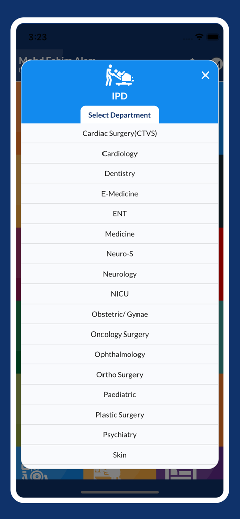 Digi Doctor HIS - Digi Doctor HIS app interface showing a list of hospital departments for selection within the inpatient module.