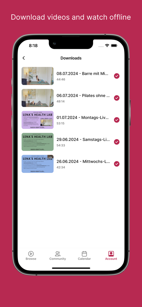 Lena's Health Lab - List of downloaded fitness videos for offline viewing on Lenas Health Lab app