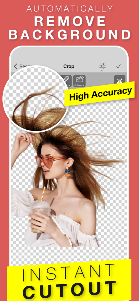 Superimpose+:Background Eraser - Superimpose+ app interface showing high-accuracy automatic background removal from a portrait photo.