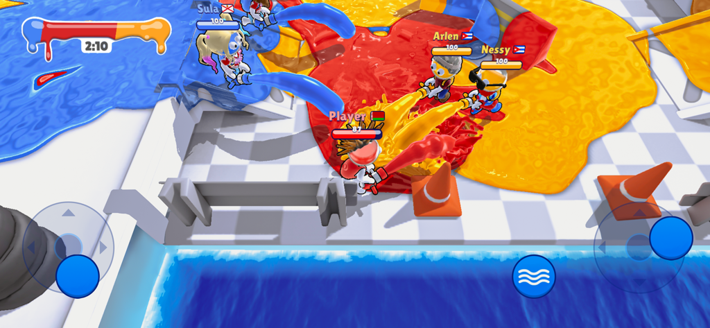 Dye Hard - Color War - Multiplayer PvP paint battle in Dye Hard with characters spraying colorful dye on a tiled arena