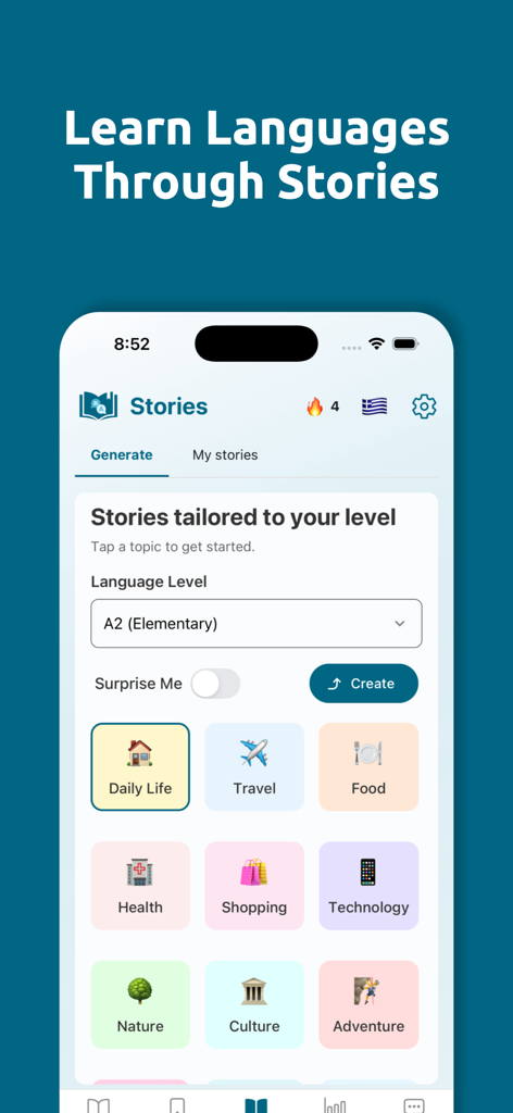 Fluency Drop - Learn Languages - Fluency Drop app interface for generating language learning stories by selecting a topic and difficulty level.
