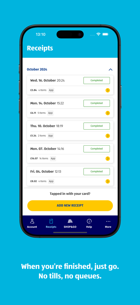 Digital receipt history screen in the ALDI SHOP AND GO mobile application