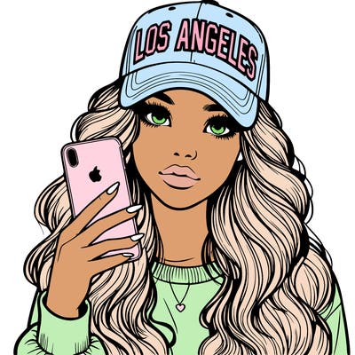 realistic beautiful girl wearing los ángeles cap holding an iphone