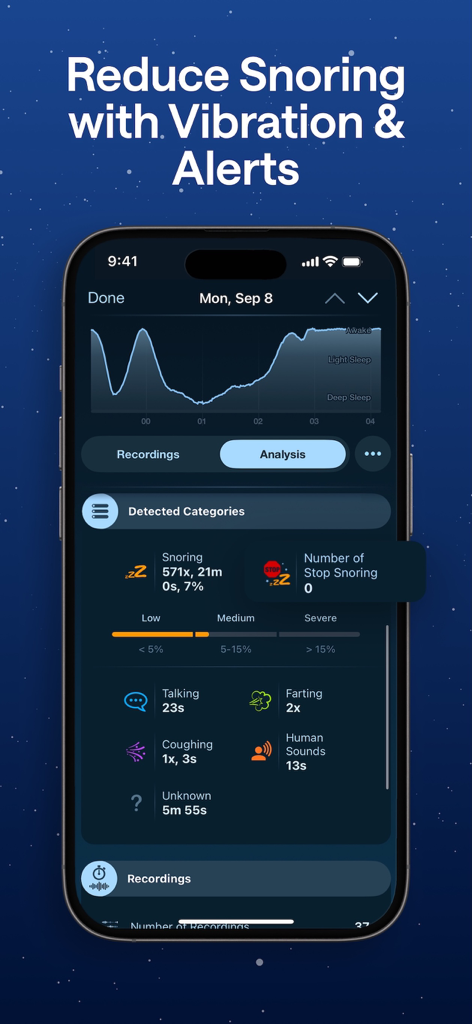 Mobile app dashboard displaying sleep stages graph and detailed snoring detection statistics