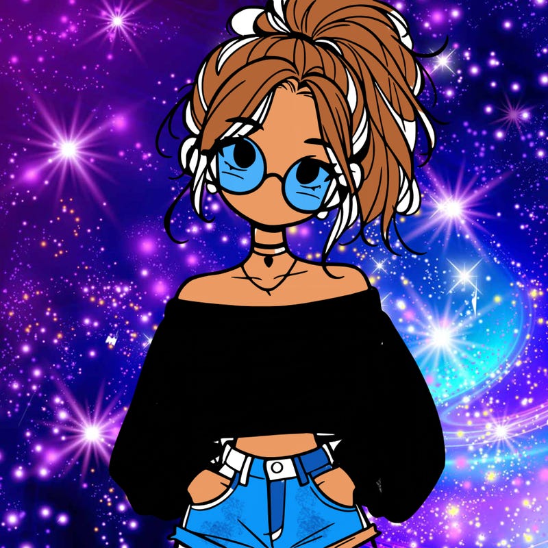 girl with a messy ponytail glasses a baggy crop top and jean shorts