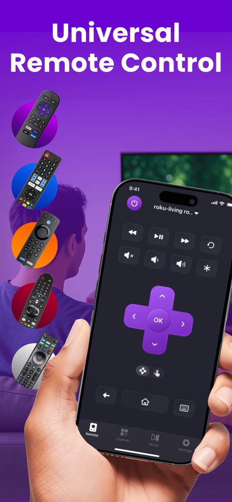 Universal Remote for Smart TV+ - Hand holding an iPhone displaying the Universal Remote for Smart TV app interface with playback and navigation controls