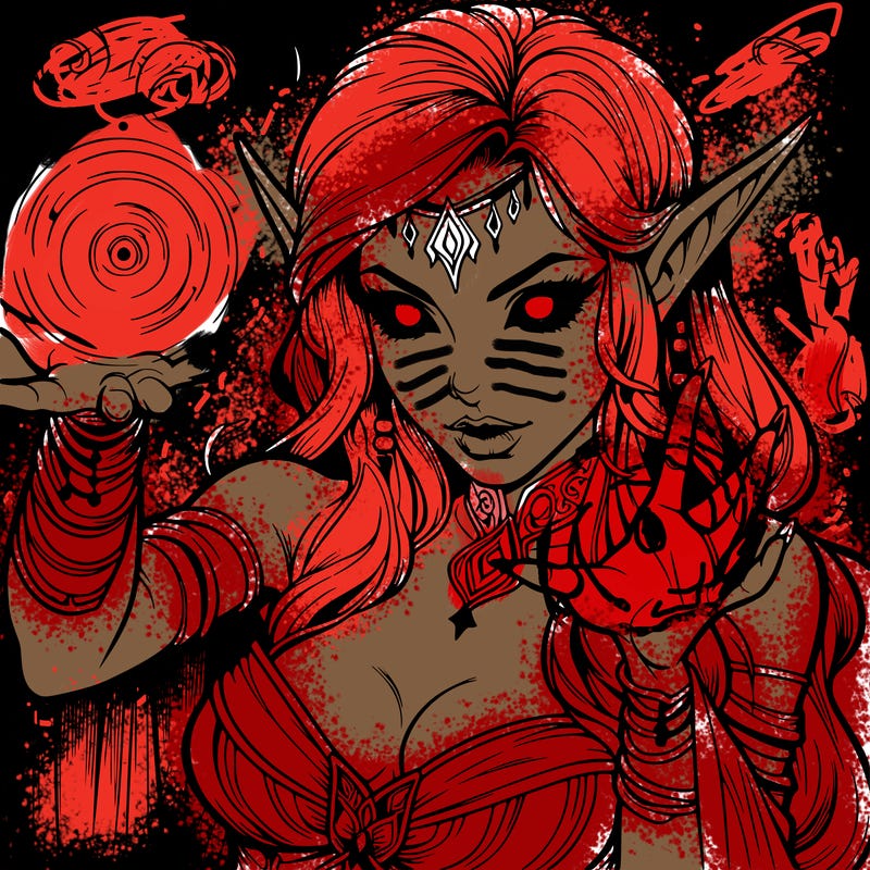 realistic scary beautiful elf sorceress casting spell