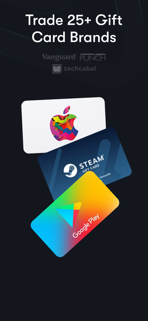Apexpay - Redeem Gift Cards - Apexpay app screen displaying Apple, Steam, and Google Play gift cards with the text Trade 25 plus Gift Card Brands.