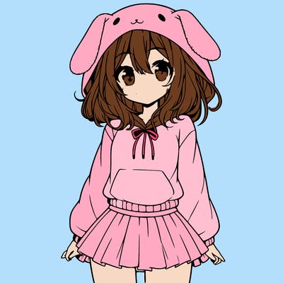 pretty anime girl wearing a fluffy hoodie with bunny ears on the hood and a skirt