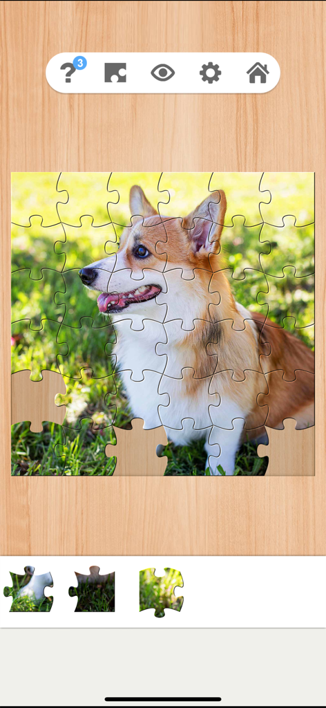 Wonderful Jigsaw - Puzzle Game - A digital jigsaw puzzle of a Corgi dog being solved in the Wonderful Jigsaw mobile game.