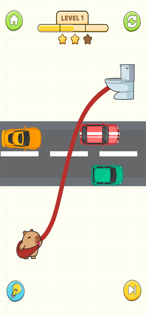 A capybara follows a red line path drawn across a road toward a toilet in a puzzle game level.