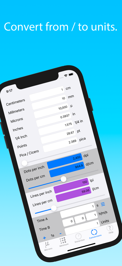 FlexoCalculator app interface showing metric and imperial unit conversions for printing