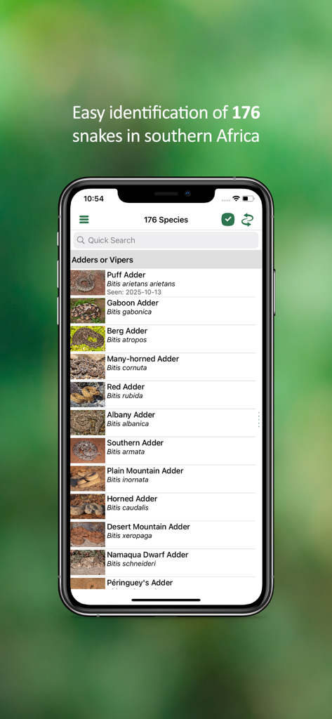 eSnakes Southern Africa - Smartphone displaying a list of 176 snake species with names and photos in the eSnakes Southern Africa app.