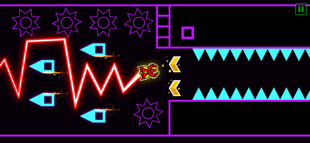 Um personagem de seta neon navegando por um caminho em zigue-zague através de obstáculos em Wave Dash Geometry Arrow.