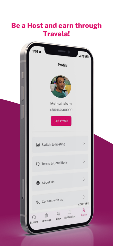 Travela - A smartphone screen displaying a user profile on the Travela app with options to edit profile or switch to hosting.