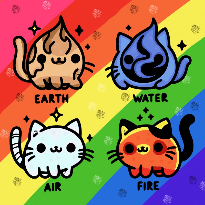 4 cats that represent the different elements, earth, water, air, and fire