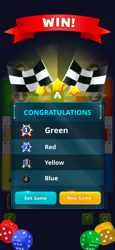 Pantalla de felicitación de la aplicación Parchís mostrando la tabla de clasificación final con el primer puesto otorgado al jugador verde.