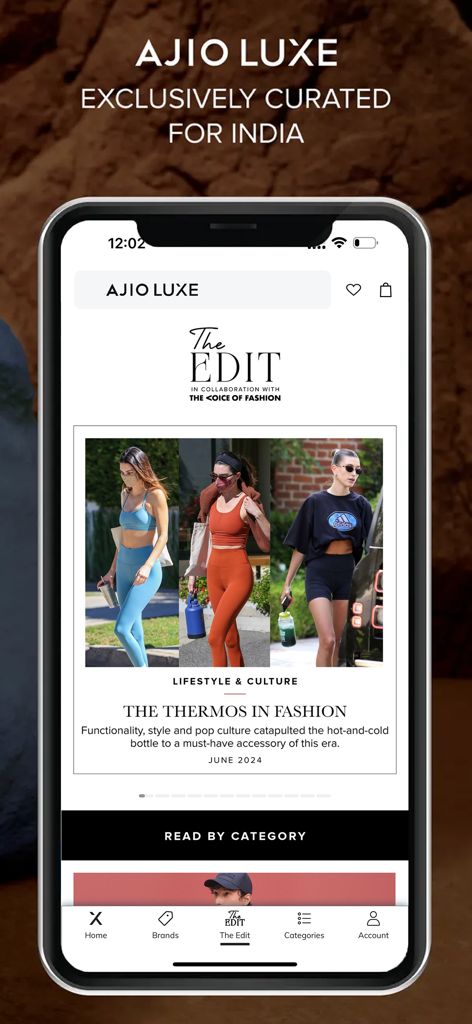 Smartphone screen displaying the AJIO Luxe curated fashion trends and The Edit collection
