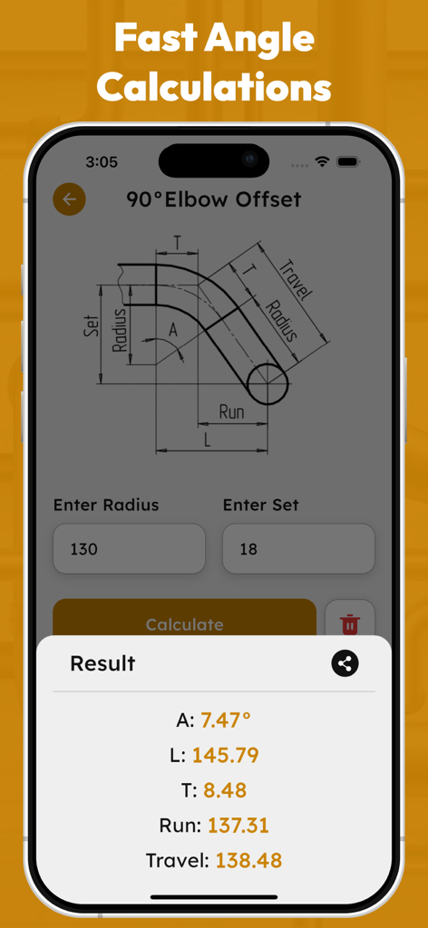 Offset Pipe Calculator app showing a 90 degree elbow technical diagram with result measurements