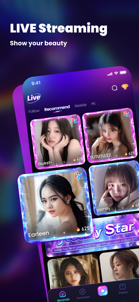 VIVA LIVE - VIVA LIVE mobile App-Oberfläche, die ein Raster von Live-Streamern im Empfehlungs-Tab anzeigt.