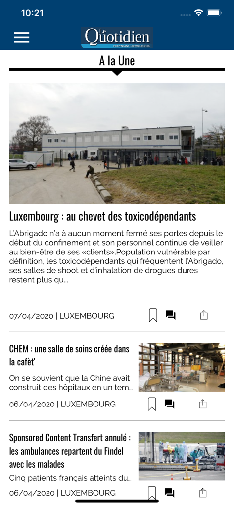 Le Quotidien.lu - Mobile app interface of Le Quotidien showing the latest news headlines from Luxembourg