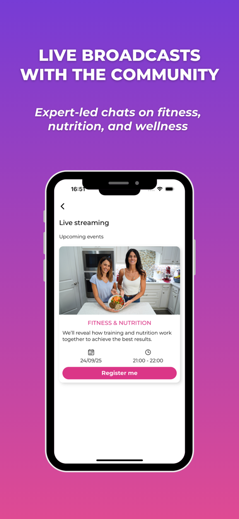 GetStronger: Fitness for Women - Captura de pantalla de la aplicación móvil que muestra chats en vivo dirigidos por expertos sobre fitness y nutrición para mujeres.