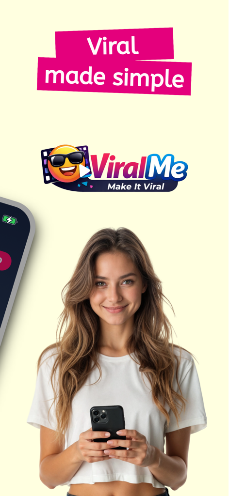 ViralMe AI - Une jeune femme tenant un smartphone avec le logo ViralMe AI et le texte Viral made simple