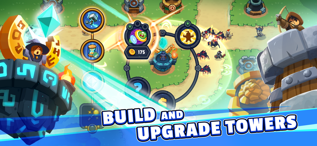 Realm Defense: Hero Legends TD - Gameplay screenshot of Realm Defense Hero Legends TD showing tower building and upgrade options on a fantasy map
