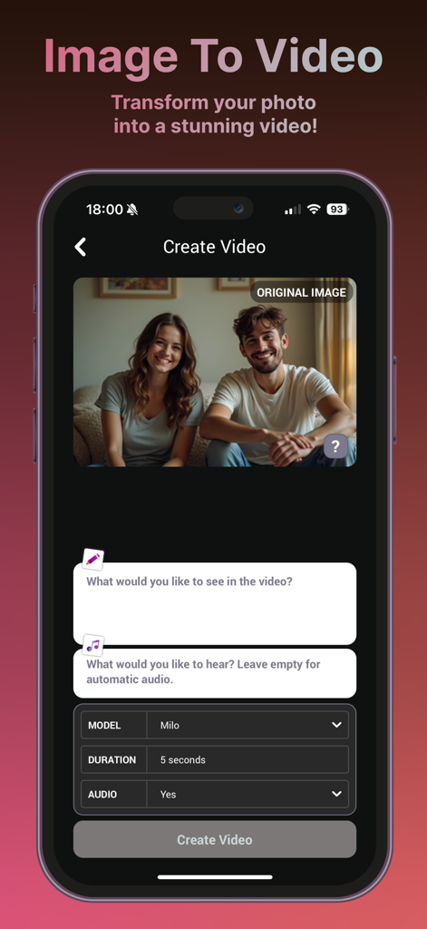 Movie Maker - PixMotion - Interface for creating an AI video from a photo using text and audio prompts in the PixMotion app.