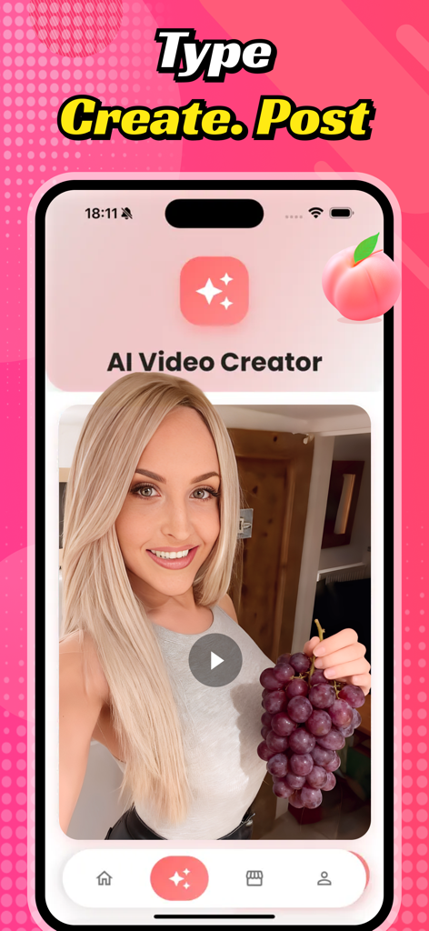 FOYO - Video - Screenshot of the FOYO app showing the AI Video Creator screen with a woman holding grapes and the slogan Type Create Post