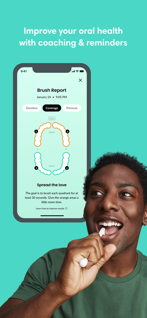 男性が歯を磨いている隣に、quip アプリの歯のカバー範囲とブラッシングレポートが表示されたスマートフォンがあります。